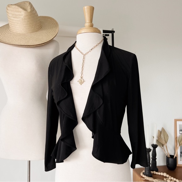 Tops - BLACK RUFFLE TRIM BOLERO TOP